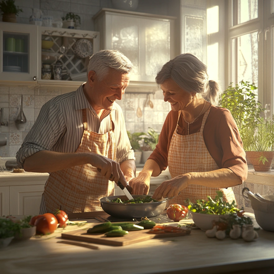 Щасливі пенсіонери готують здорову їжу разом