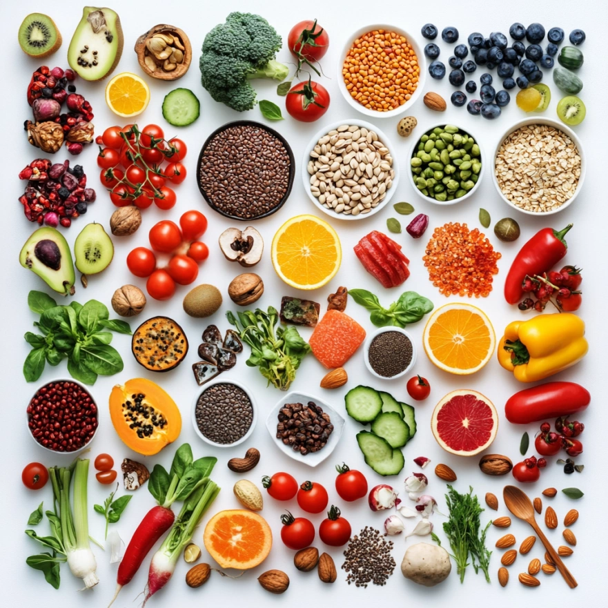 Колаж зі свіжих та корисних продуктів для здорового харчування